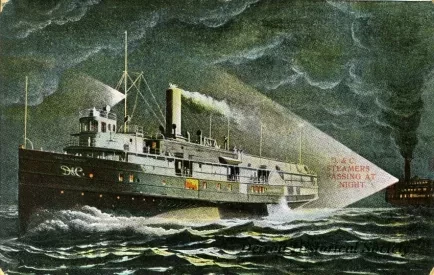 Postcard - D. & C. Steamers Passing at Night.