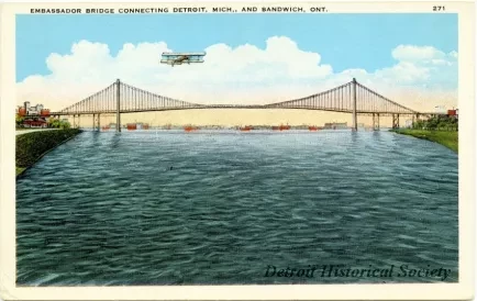 Postcard - Embassador [sic] Bridge connecting Detroit, Mich. and Sandwich, Ont. - Ambassador Bridge