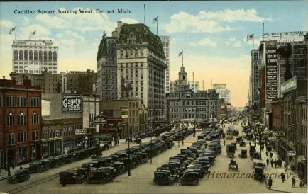 Postcard - Cadillac Square looking West, Detroit, Mich.