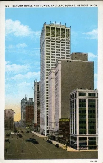 Postcard - Barlum Hotel and Tower, Cadillac Square, Detroit, Mich.