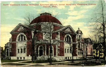 Postcard - North Woodward Avenue Methodist Episcopal Church, corner Wood and Woodward Avenue, Detroit, Mich. - North Woodward Avenue Methodist Episcopal Church