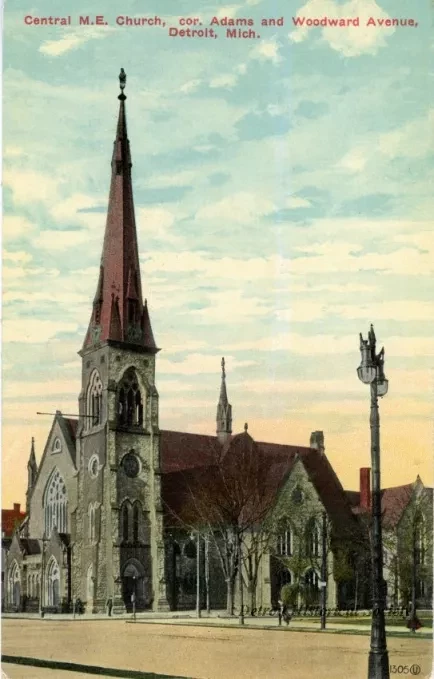 Postcard - Central M.E. Church, cor. Adams and Woodward Avenue, Detroit, Mich.