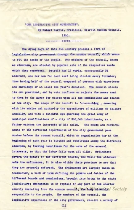 Letter - Our Legislative City Government
[Detroit Common Council]