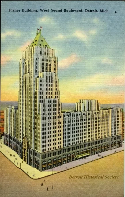 Postcard - Fisher Building, West Grand Boulevard, Detroit, Mich.