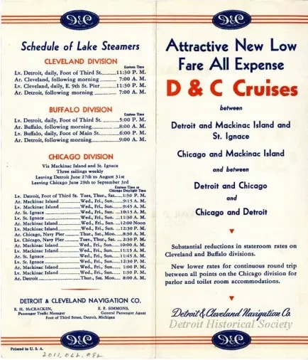 Brochure - Attractive New Low Fare All Expense D&C Cruises between Detroit & Mackinac island & St. Ignace; Chicago & Mackinac Island and between Detroit & Chicago and Chicago & Detroit