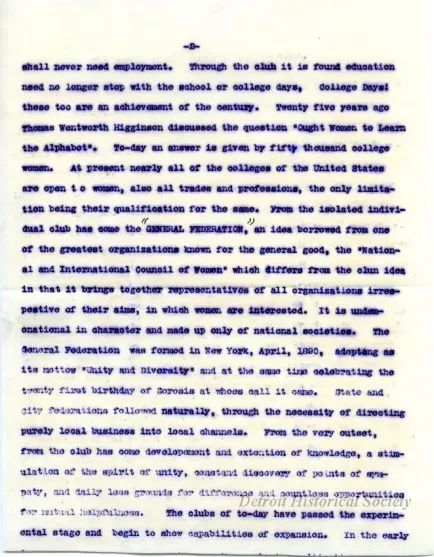 Letter - The Growth of the Woman's [Women's] Club Movement