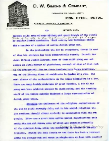 Letter - The Jewish People in Mercantile, Social, and Professional Life in Detroit