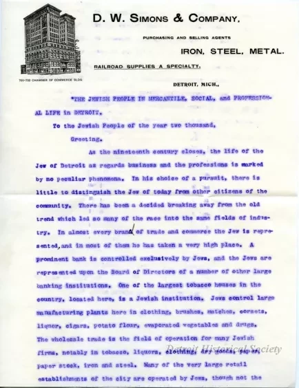 Letter - The Jewish People in Mercantile, Social, and Professional Life in Detroit