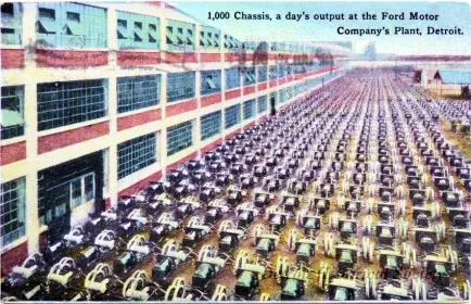 Postcard - 1,000 Chassis, a day's output at the Ford Motor Company's Plant, Detroit - 1,000 Chassis, a day's output at the Ford Motor Company