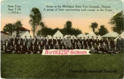 Postcard - Scene at the Michigan State Fair Grounds, Detroit. A group of boys representing each county in the State. State Fair. Sept 7-18 -1914-
