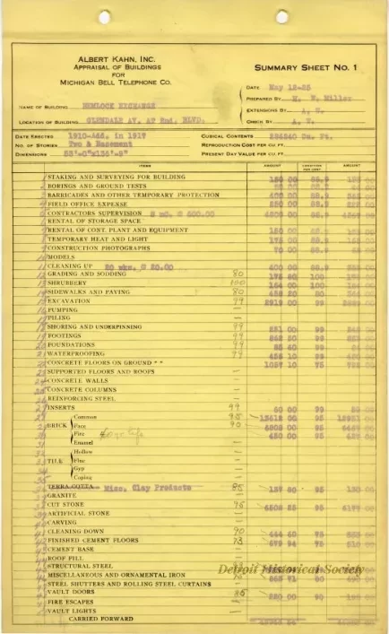 Binder, Post - Appraisal of Buildings for Michigan Bell Telephone Co. 
by Albert Kahn, Inc.