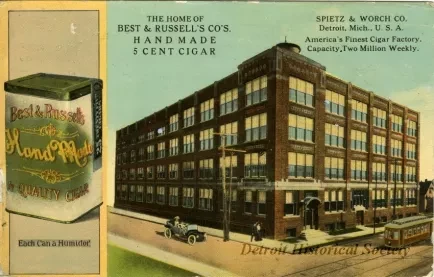 Postcard - Spietz & Worch Co. Detroit, Mich., U.S.A.
America's Finest Cigar Factory. Capacity Two Million Weekly.