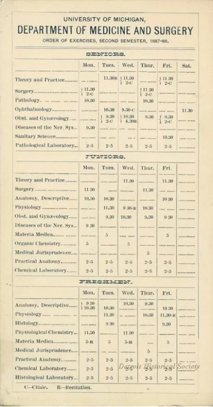 Calendar - University of Michigan Department of Medicine and Surgery Order of Exercises, Second Semester, 1887-88.