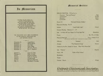 Program - Annual Church and Memorial Service Under the Auspices of the Friendship Lodge No. 417, F. & A.M.