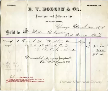 Receipt - E. V. Roddin & Co.
Jewelers and Silversmiths