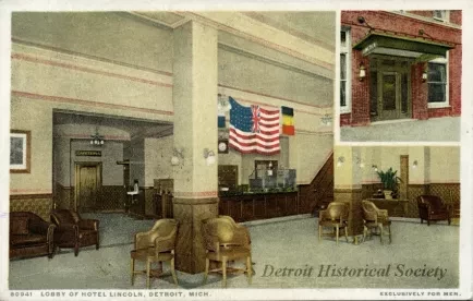 Postcard - Lobby of the Hotel Lincoln, Detroit, Mich. Exclusively for Men.