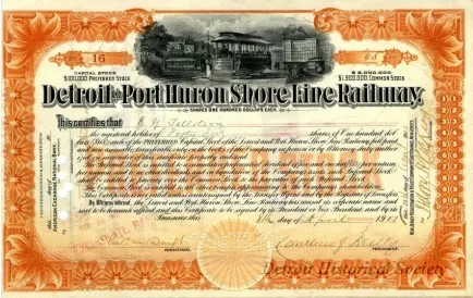 Certificate, Stock - Detroit & Port Huron Shore Line Railway