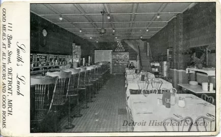 Postcard - Smith's Lunch, 111 Bates Street, Detroit, Mich.
Good Meals at All Hours and Good Rooms.