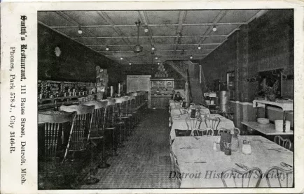 Postcard - Smith's Restaurant, 111 Bates Street, Detroit, Mich.
Phones, Park 578-J, City 3146-R.