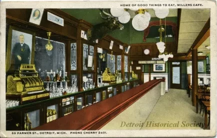 Postcard - Home of Good Things to Eat, Millers Cafe.
59 Farmer St., Detroit, Mich. Phone Cherry 2401.