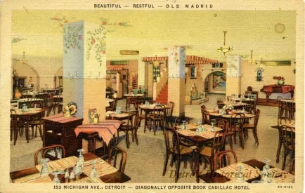 Postcard - Beautiful - Restful - Old Madrid
153 Michigan Ave., Detroit - Diagonally Opposite Book Cadillac Hotel