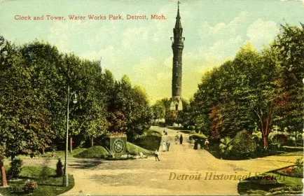 Postcard - Clock and Tower, Water Works Park, Detroit, Mich.
