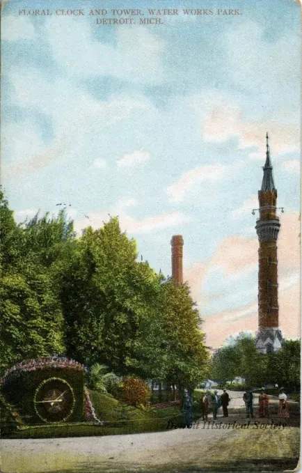 Postcard - Floral Clock and Tower, Water Works Park, Detroit, Mich.