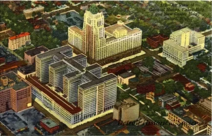Postcard - Air View of Genreal Motors, Fisher Bldg. and Art Center Bldg., Detroit Mich.