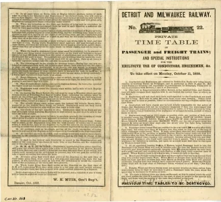 Schedule - Detroit and Milwaukee Railway, No. 22, Private Time Table of Passenger and Freight Trains; And Special Instructions for the Exclusive Use of Conductors, Enginemen, &c. to take effect on Monday, October 11, 1858.