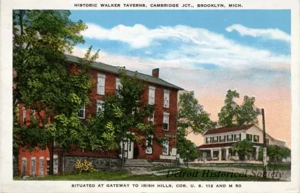 Postcard - Historic Walker Taverns, Cambridge Jct., Brooklyn, Mich.
Situated at Gateway to Irish Hills, Cor. U. S. 112 and M 50