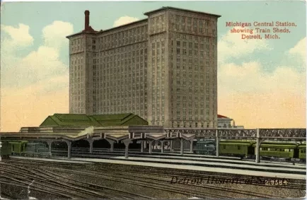 Postcard - Michigan Central Station, showing Train Sheds, Detroit, Mich.
