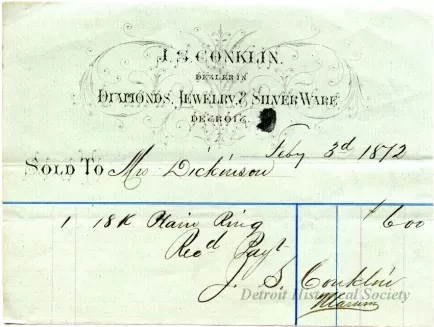 Bill-of-sale - J. S. Conklin, 
Dealer in Diamonds, Jewelry & Silverware