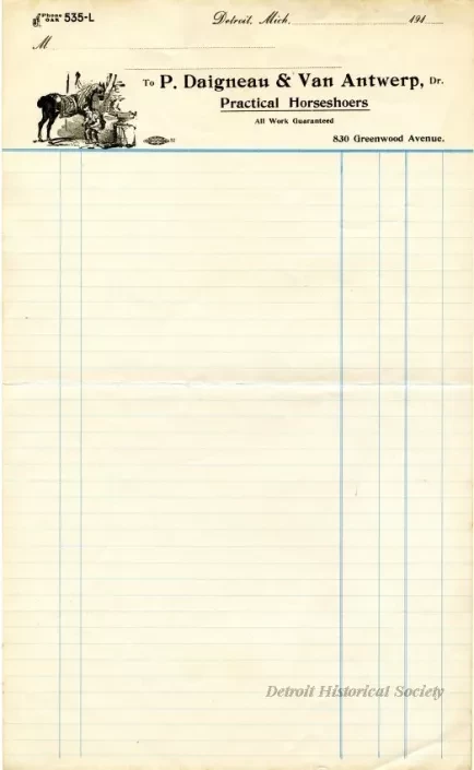 Bill-of-sale - P. Daigneau, Dr. - Practical Horseshoer and General Repairing
P. Daigneau & Van Antwerp, Dr. - Practical Horseshoers
