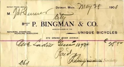 Receipt - P. Bingman & Co.
Unique Bicycles