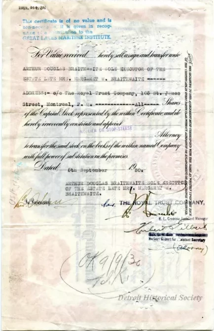 Certificate, Stock - Detroit and Cleveland Navigation Company
