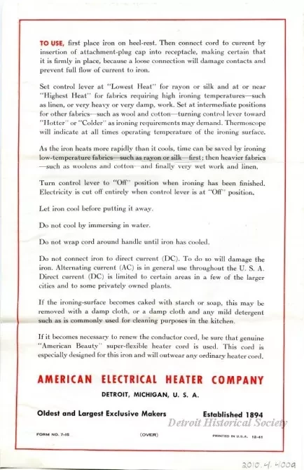 Brochure - a. American Beauty Adjustable-Automatic Electric Iron
b. American Beauty Cord-Support