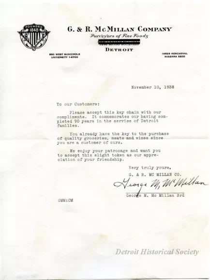 Letter - G. & R. McMillan Company, 
Purveyors of Fine Foods