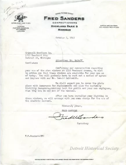 Letter - Fred W. Sanders Confectioners
(letter to Grinnell Brothers)