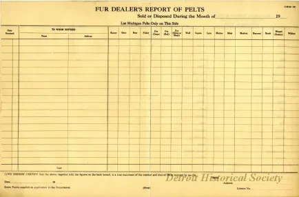 Paper, Form - Fur Dealer's Report of Pelts