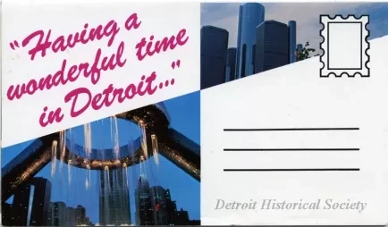 Postcard - "Having a wonderful time in Detroit ..."