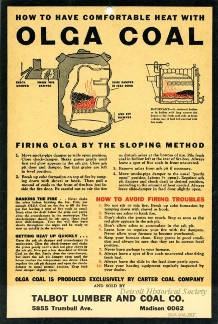 Card, Instruction - Talbot Lumber and Coal Company