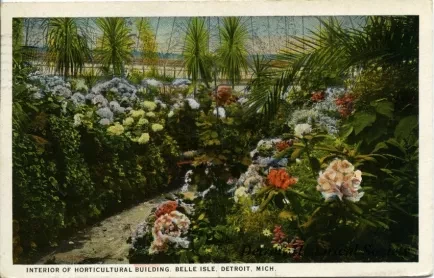 Postcard - Interior of Horticultural Building, Belle Isle, Detroit, Mich.