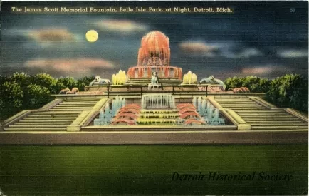 Postcard - The James Scott Memorial Fountain, Belle Isle Park, at Night, Detroit, Mich.