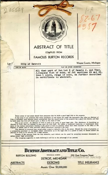 Title, Abstract - Abstract of Title,
Out Lot 3, Dennis J. and Theodore J. Campau Plat