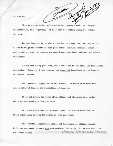 Speech - Inaugural Speech, Jan. 2, 1974 (Draft)