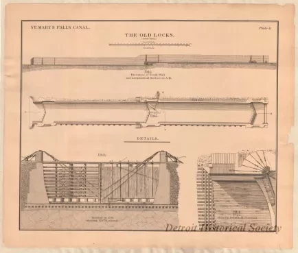 Lithograph - St. Mary's Falls Canal,
The Old Locks (1853-1855)