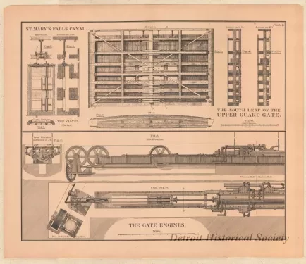 Lithograph - St. Mary's Falls Canal,
The South Leaf of the Upper Guard Gate.
The Gate Engines.