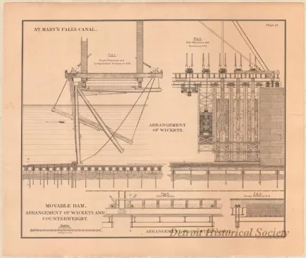 Lithograph - St. Mary's Falls Canal, 
Movable Dam.  Arrangement of Wickets and Counterweight.