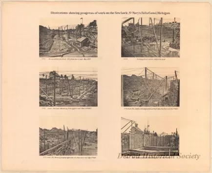 Lithograph - Illustrations Showing Progress of Work on the New Lock,
St. Mary's Falls Canal, Michigan.