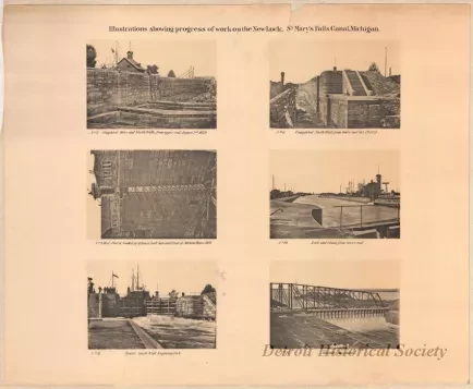 Lithograph - Illustrations Showing Progress of Work on the New Lock,
St. Mary's Falls Canal, Michigan
